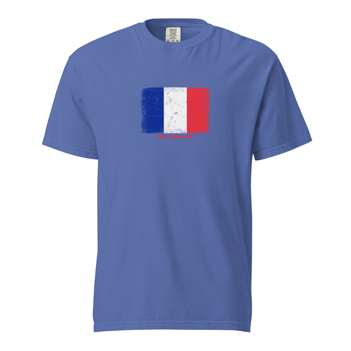 France flag t-shirt in Mystic Blue, vintage-washed print, large flag on the chest, unisex cut, front view