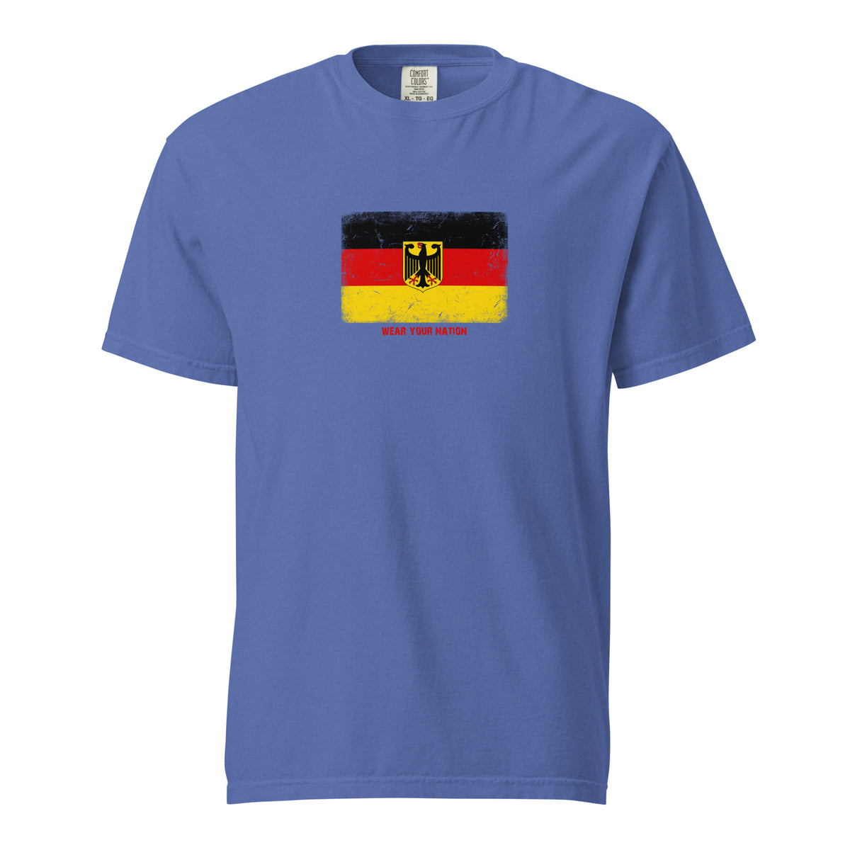 Germany flag t-shirt in Mystic Blue, vintage-washed print, large flag on the chest, unisex cut, front view