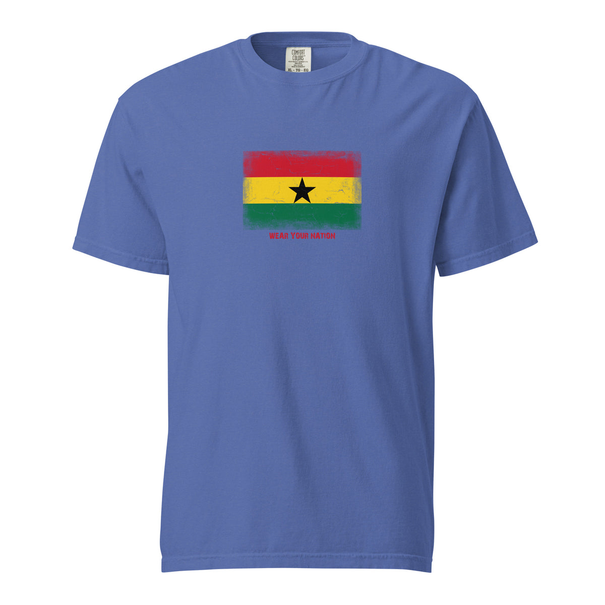 Ghana flag t-shirt in Mystic Blue, vintage-washed print, large flag on the chest, unisex cut, front view
