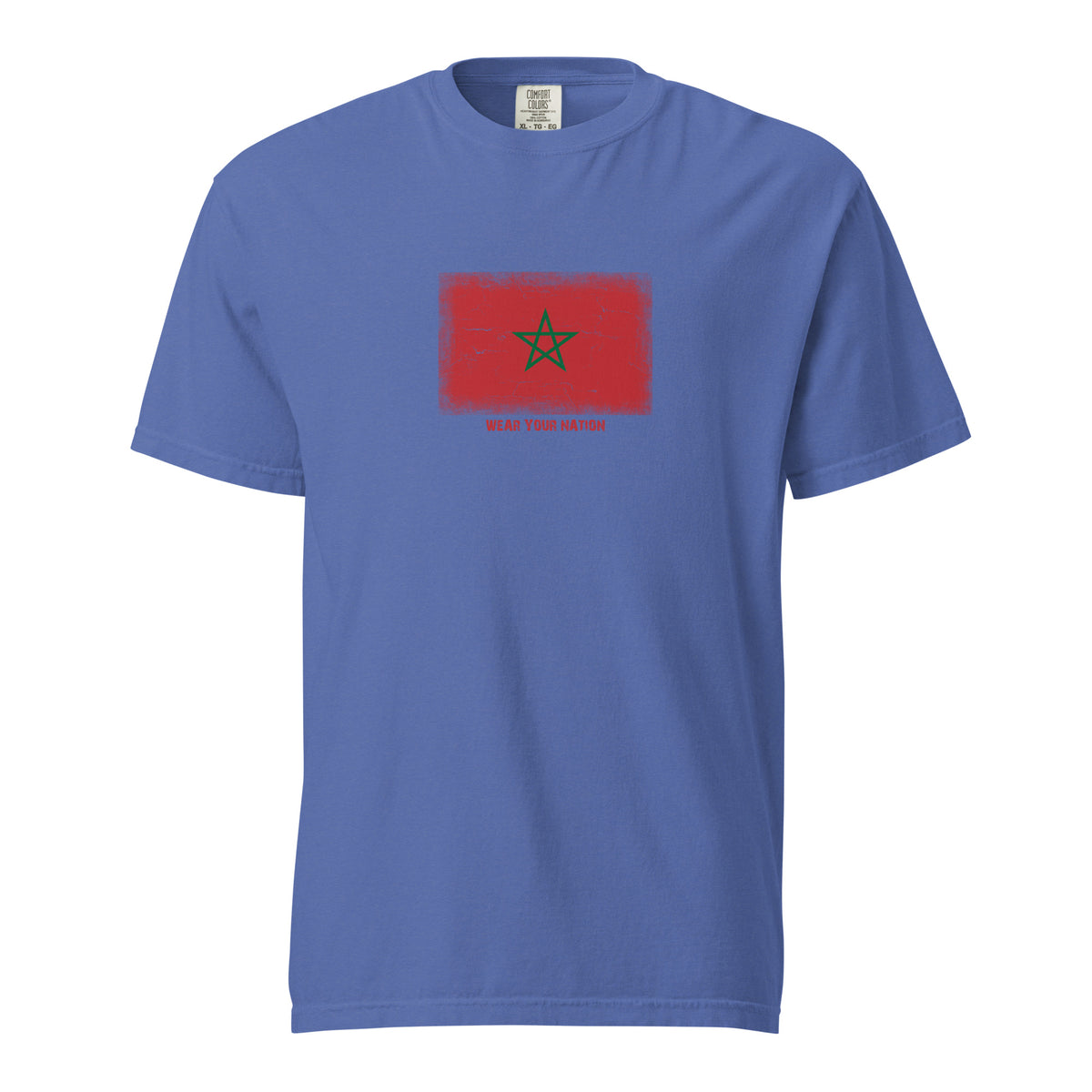 Morocco flag t-shirt in Mystic Blue, vintage-washed print, large flag on the chest, unisex cut, front view