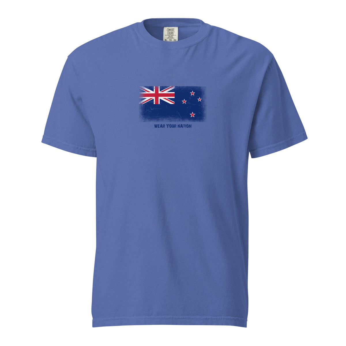 New Zealand flag t-shirt in Mystic Blue, vintage-washed print, large flag on the chest, unisex cut, front view