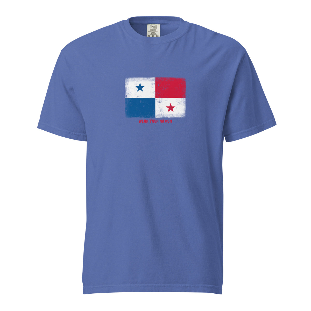 Panama flag t-shirt in Mystic Blue, vintage-washed print, large flag on the chest, unisex cut, front view