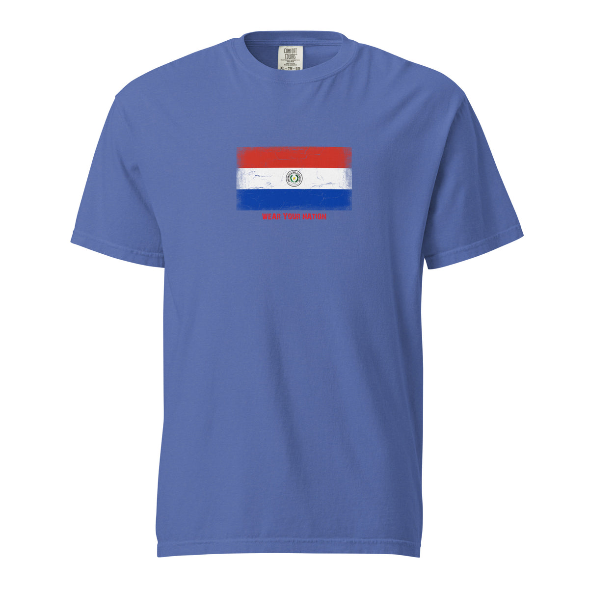 Paraguay flag t-shirt in Mystic Blue, vintage-washed print, large flag on the chest, unisex cut, front view