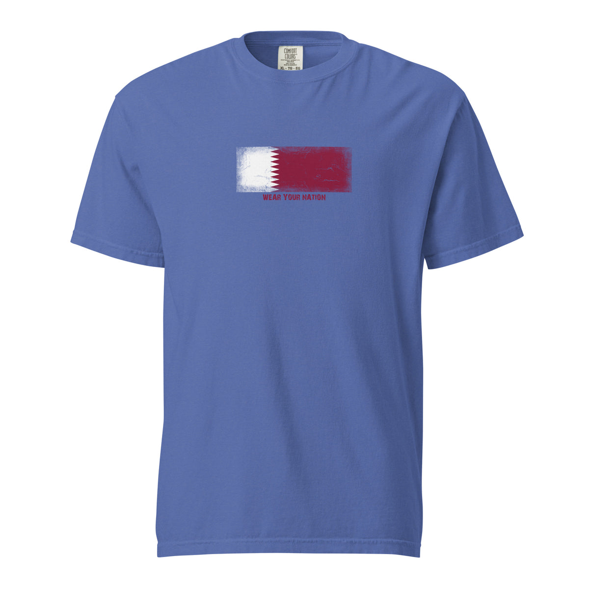 Qatar flag t-shirt in Mystic Blue, vintage-washed print, large flag on the chest, unisex cut, front view
