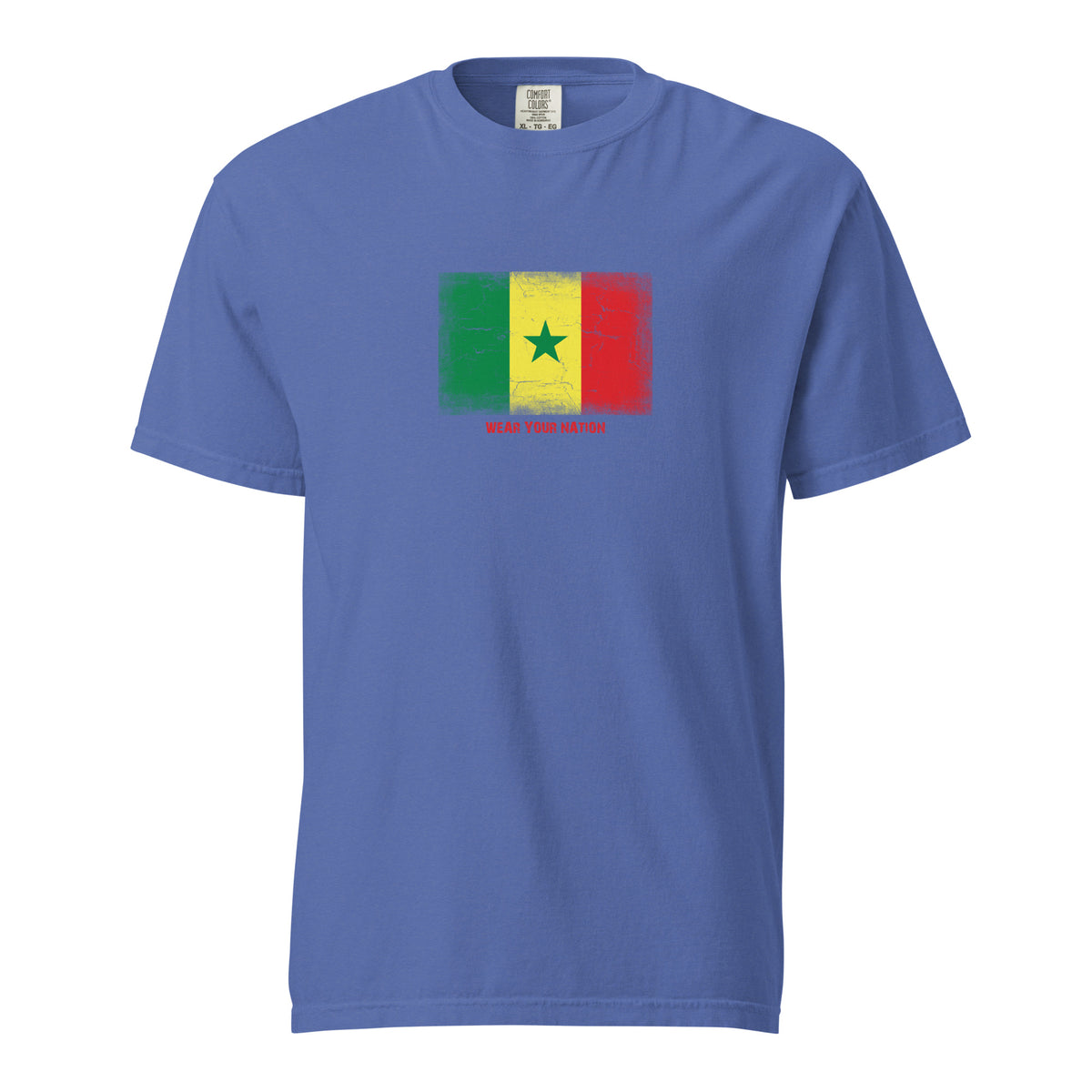 Senegal flag t-shirt in Mystic Blue, vintage-washed print, large flag on the chest, unisex cut, front view
