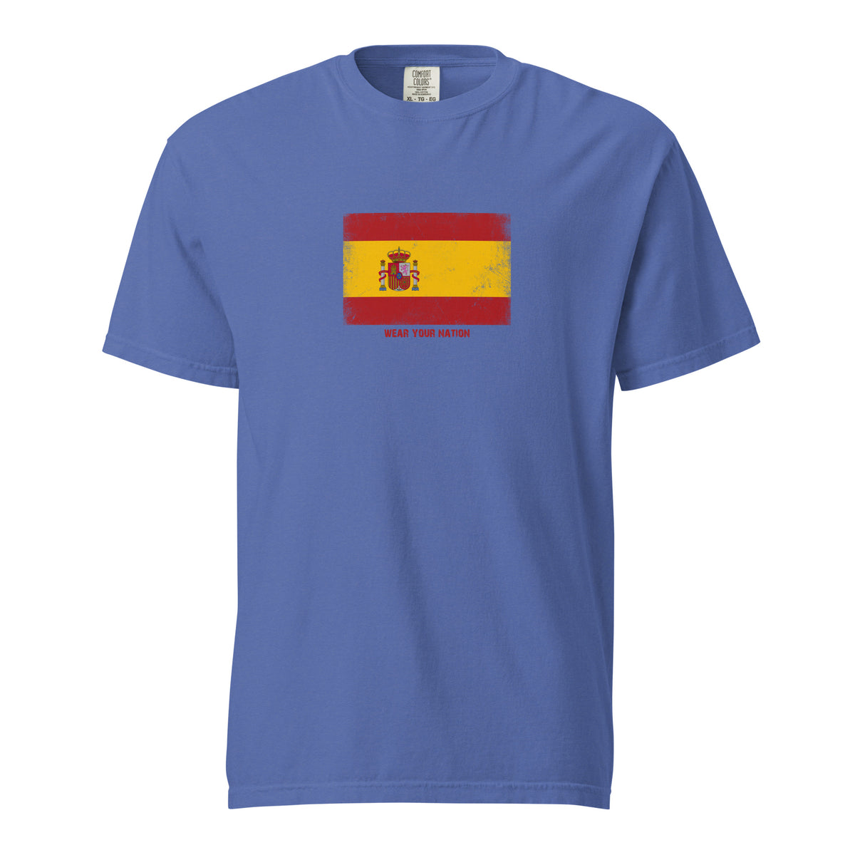 Spain flag t-shirt in Mystic Blue, vintage-washed print, large flag on the chest, unisex cut, front view