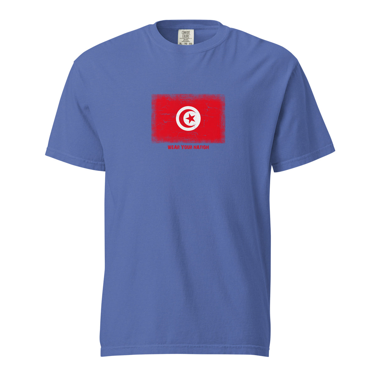 Tunisia flag t-shirt in Mystic Blue, vintage-washed print, large flag on the chest, unisex cut, front view