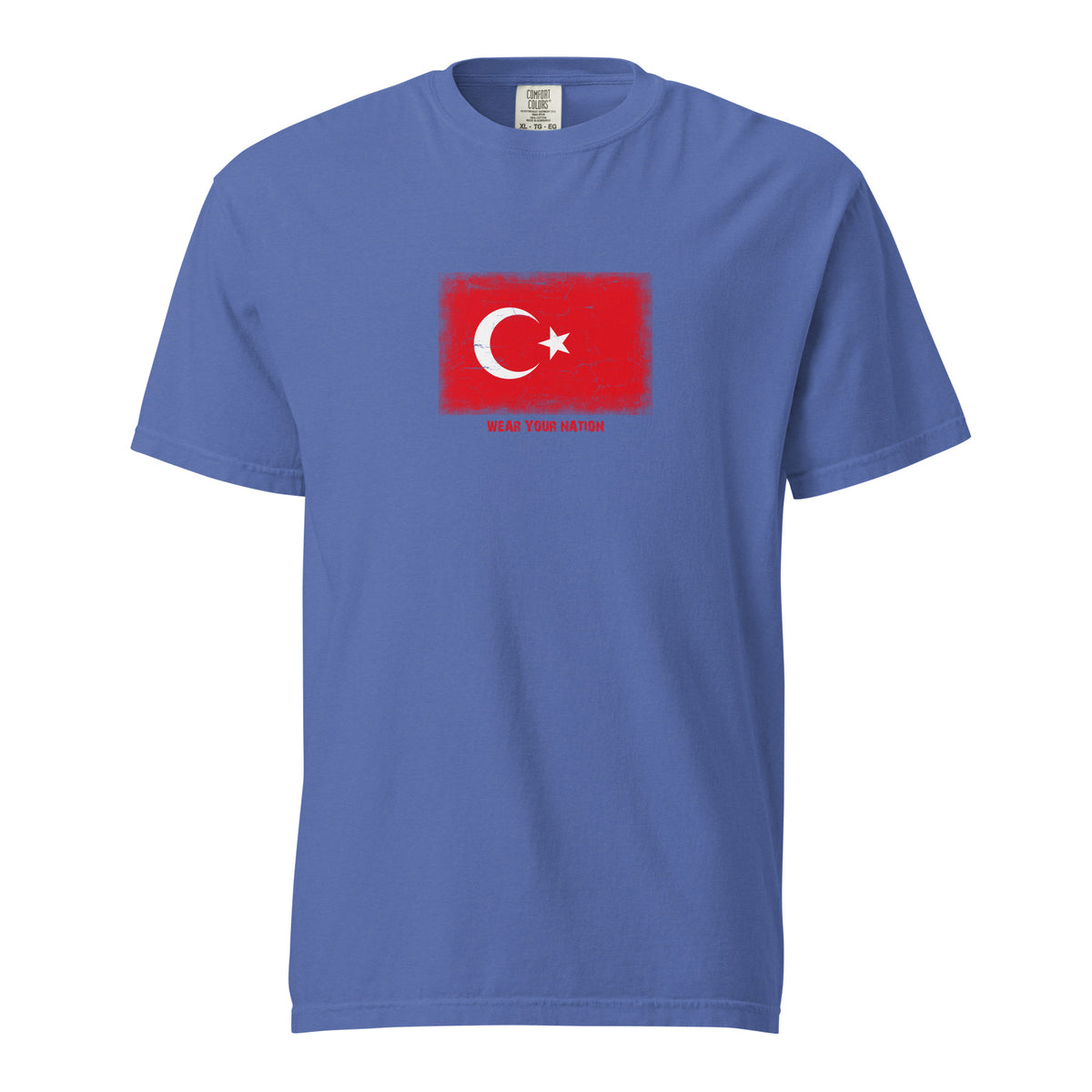 Turkey flag t-shirt in Mystic Blue, vintage-washed print, large flag on the chest, unisex cut, front view