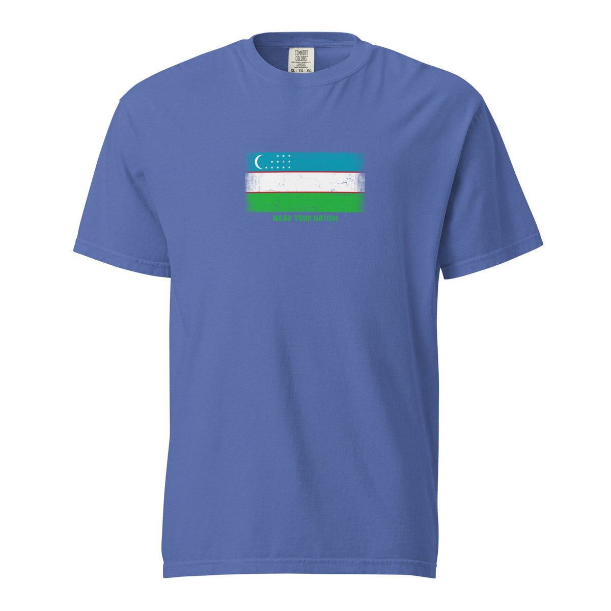 Uzbekistan flag t-shirt in Mystic Blue, vintage-washed print, large flag on the chest, unisex cut, front view