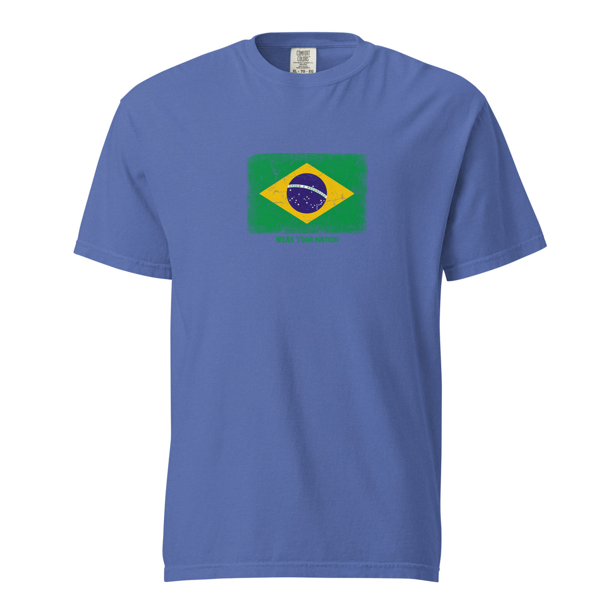 Brasil flag t-shirt in Mystic Blue, vintage-washed print, large flag on the chest, unisex cut, front view