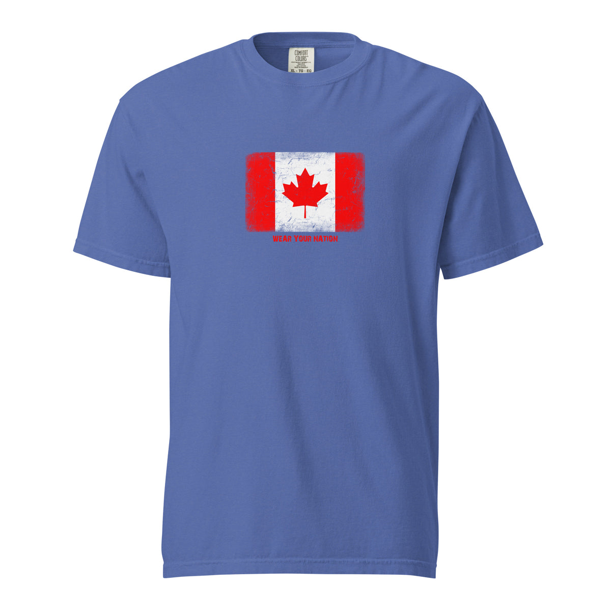 Canada flag t-shirt in Mystic Blue, vintage-washed print, large flag on the chest, unisex cut, front view