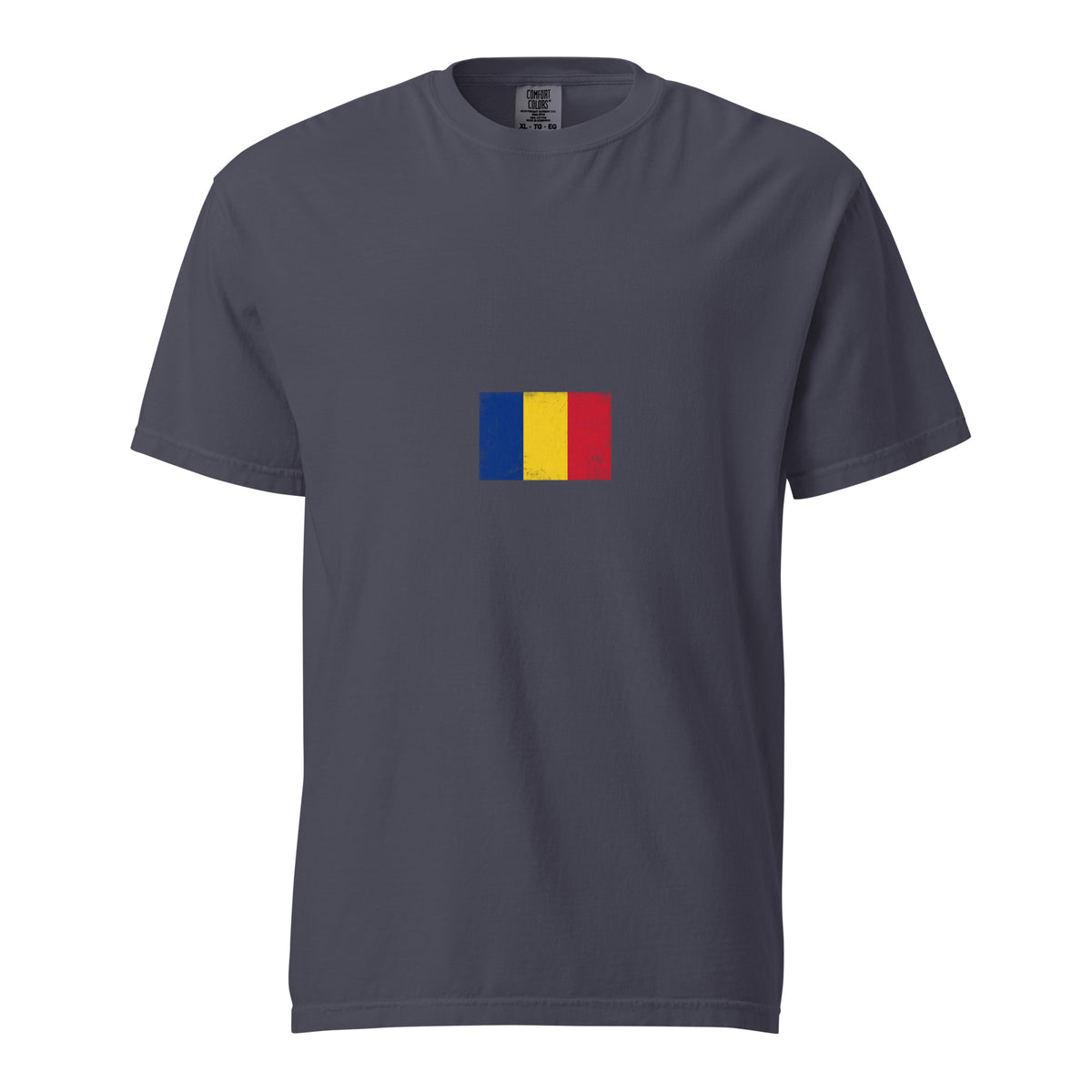 Romania flag t-shirt in Navy, vintage-washed print, small flag on the chest, unisex cut, front view