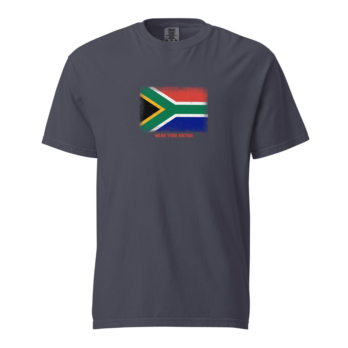 South Africa flag t-shirt in Navy, vintage-washed print, large flag on the chest, unisex cut, front view