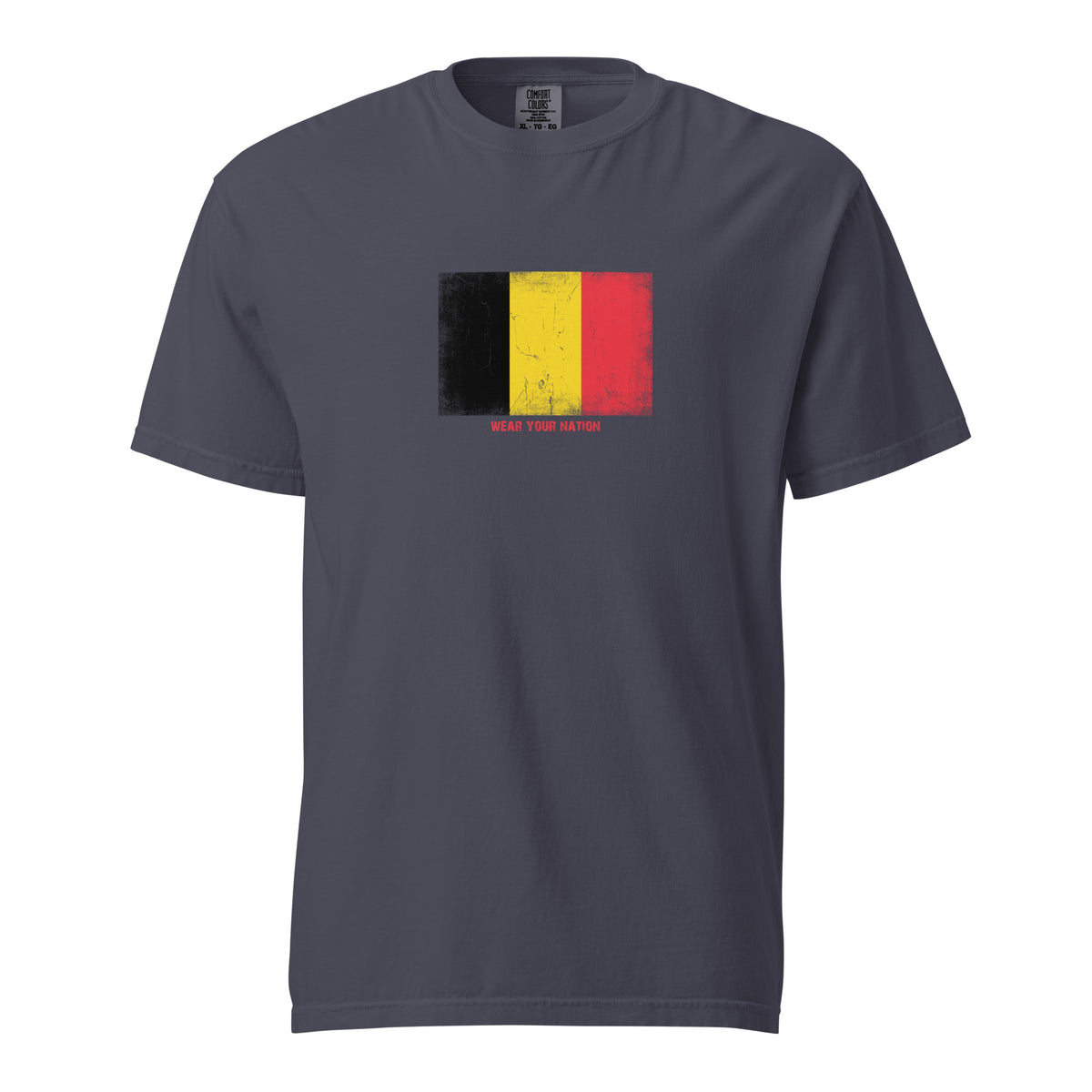 Belgium flag t-shirt in Navy, vintage-washed print, large flag on the chest, unisex cut, front view