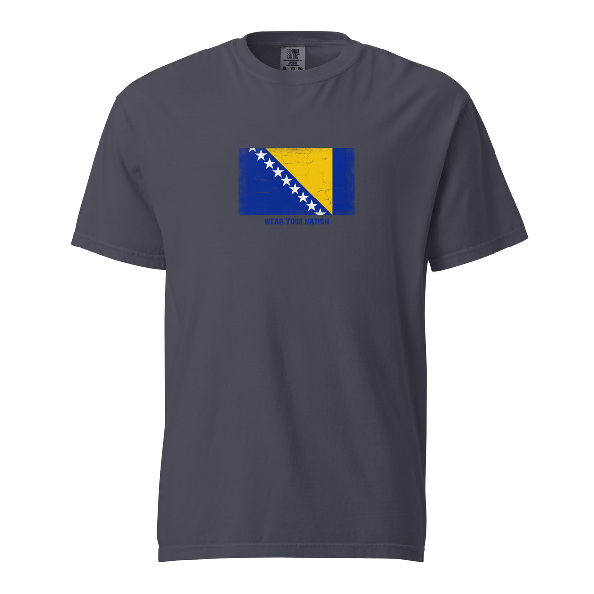 Bosnia and Herzegovina flag t-shirt in Navy, vintage-washed print, large flag on the chest, unisex cut, front view