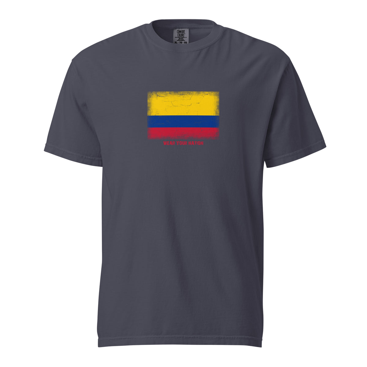 Colombia flag t-shirt in Navy, vintage-washed print, large flag on the chest, unisex cut, front view