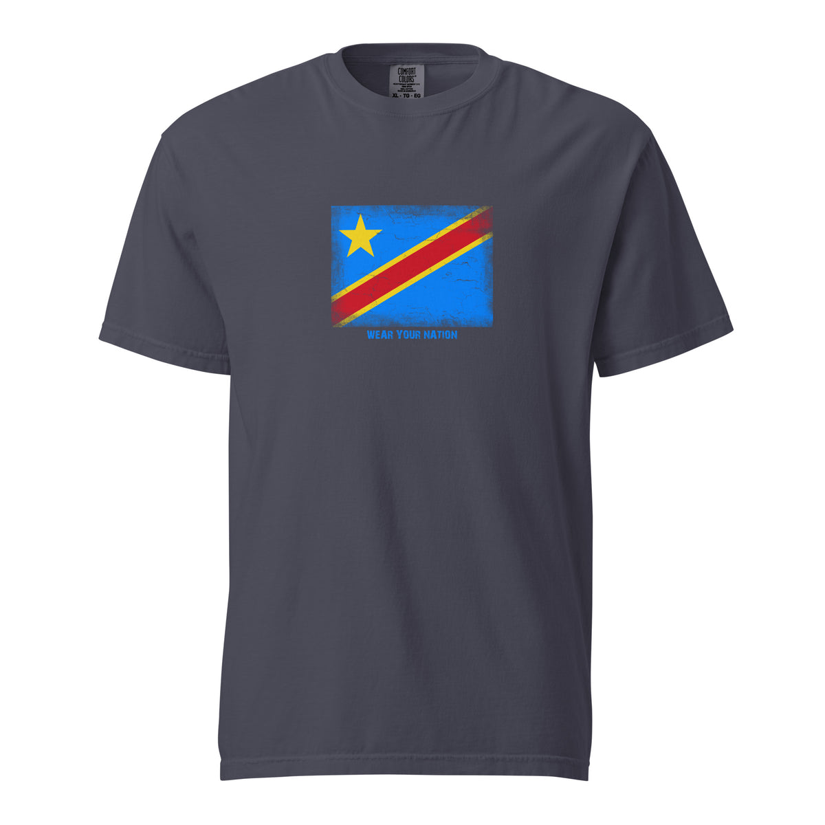 Congo flag t-shirt in Navy, vintage-washed print, large flag on the chest, unisex cut, front view