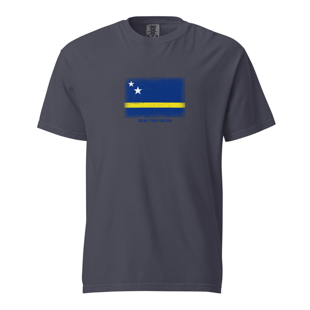 Curaçao flag t-shirt in Navy, vintage-washed print, large flag on the chest, unisex cut, front view