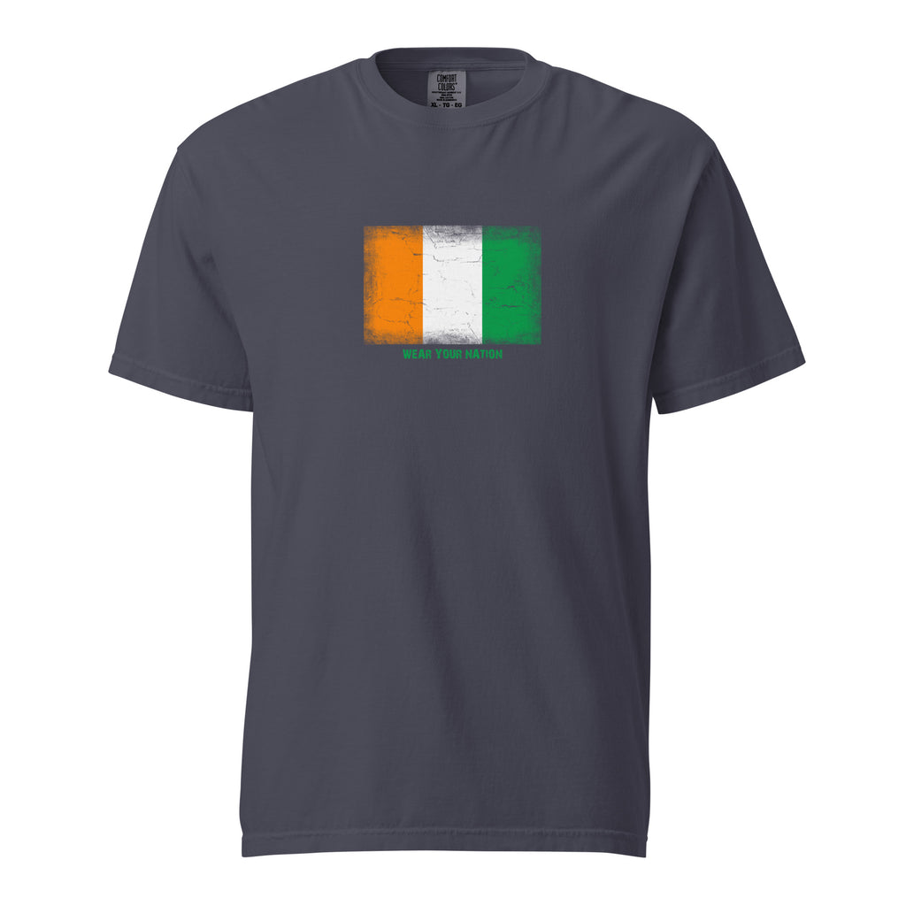 Côte d'Ivoire flag t-shirt in Navy, vintage-washed print, large flag on the chest, unisex cut, front view