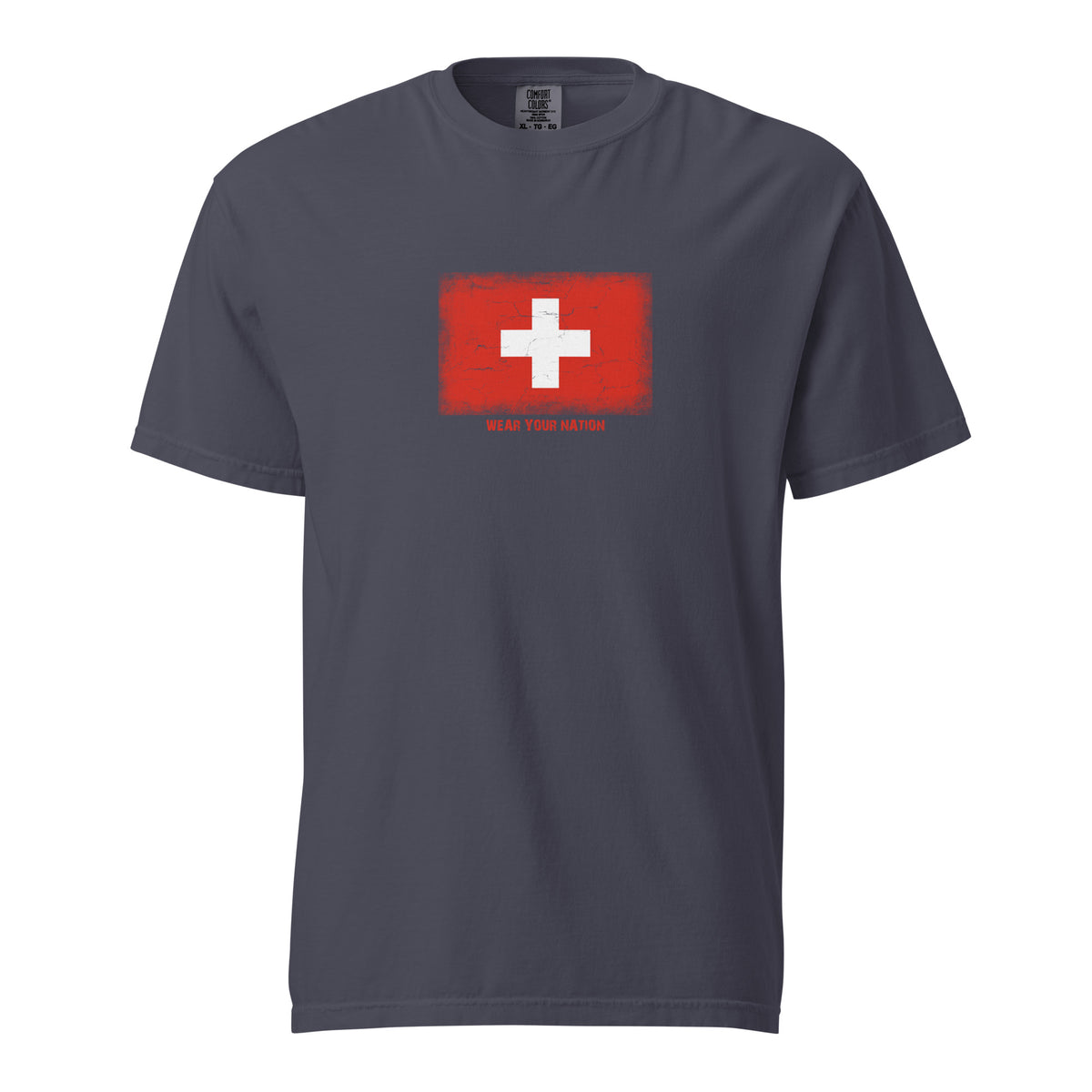 Switzerland flag t-shirt in Navy, vintage-washed print, large flag on the chest, unisex cut, front view