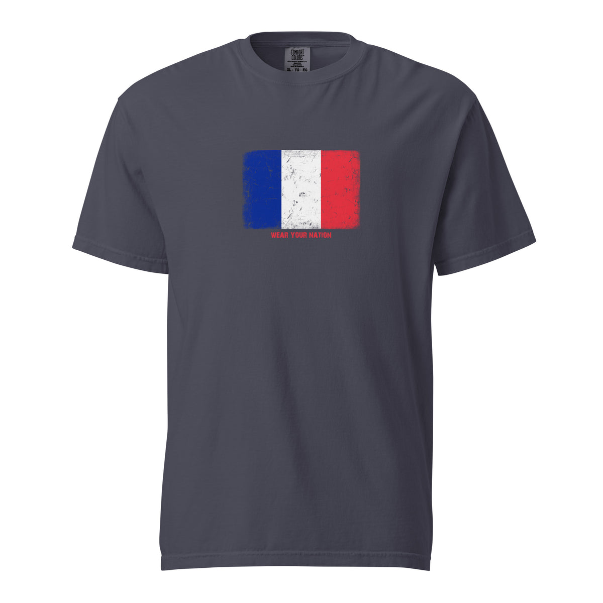 France flag t-shirt in Navy, vintage-washed print, large flag on the chest, unisex cut, front view