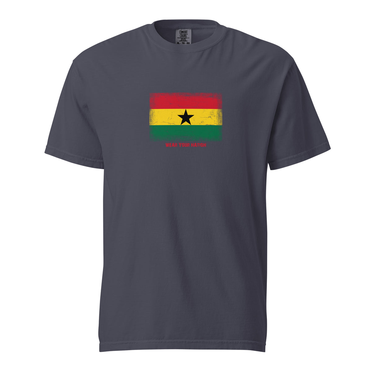Ghana flag t-shirt in Navy, vintage-washed print, large flag on the chest, unisex cut, front view