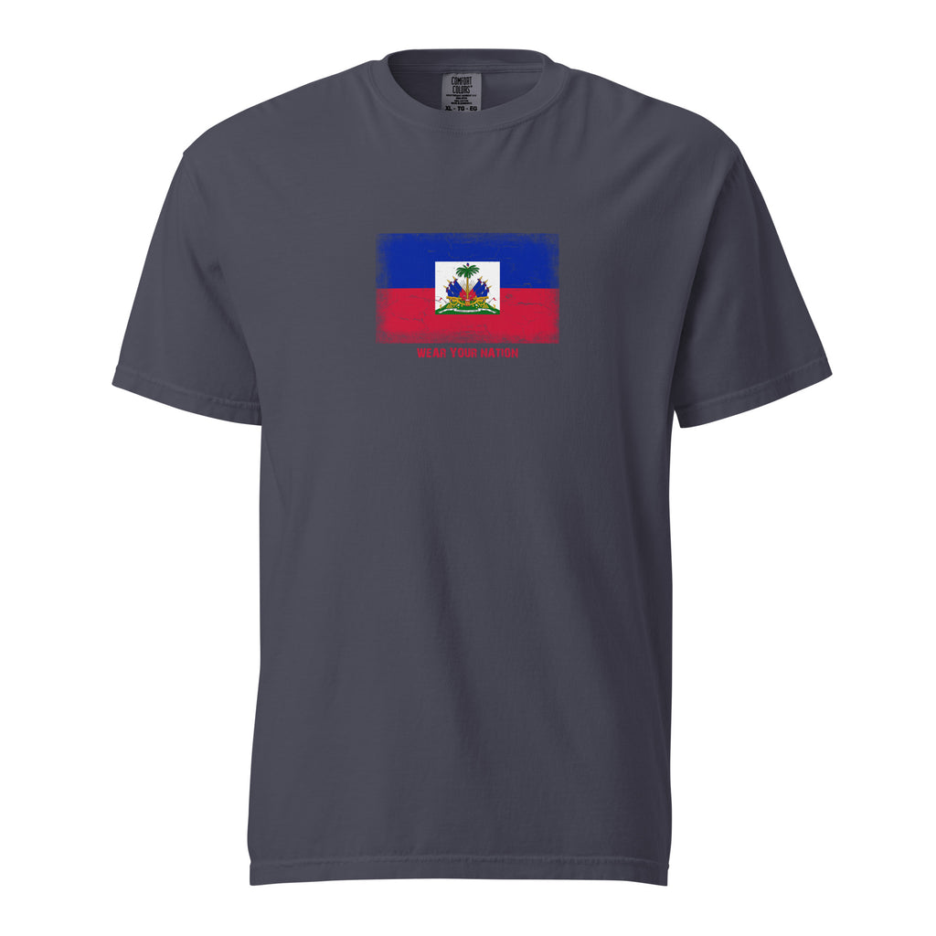 Haiti flag t-shirt in Navy, vintage-washed print, large flag on the chest, unisex cut, front view