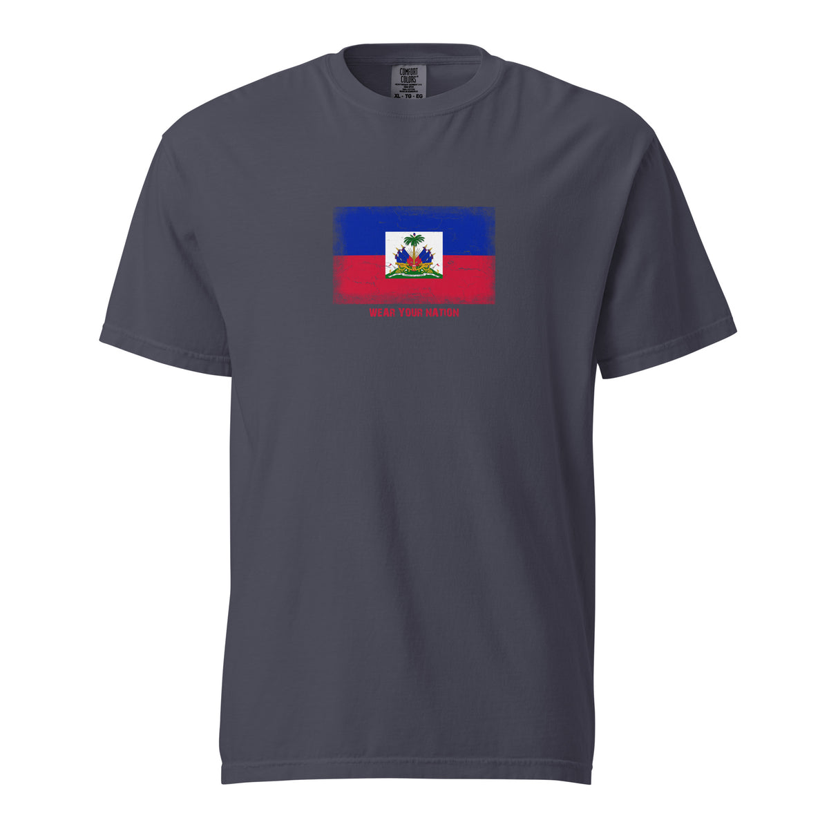 Haiti flag t-shirt in Navy, vintage-washed print, large flag on the chest, unisex cut, front view