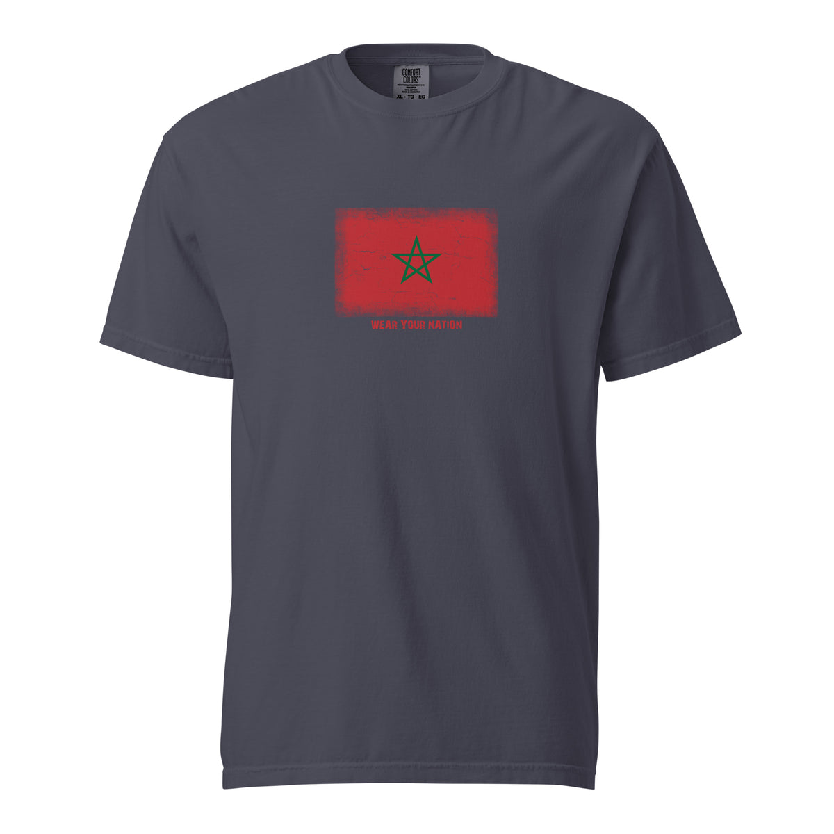 Morocco flag t-shirt in Navy, vintage-washed print, large flag on the chest, unisex cut, front view