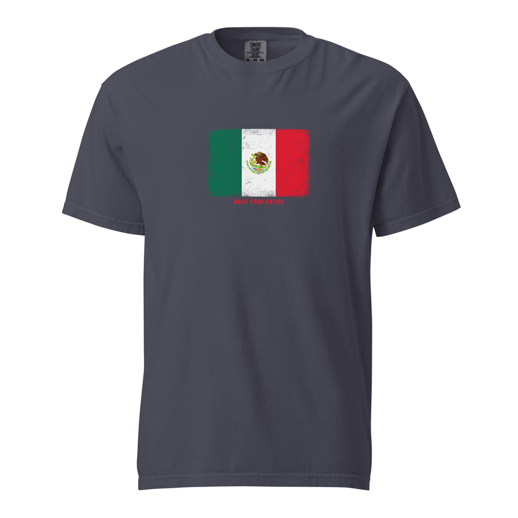 Mexico flag t-shirt in Navy, vintage-washed print, large flag on the chest, unisex cut, front view