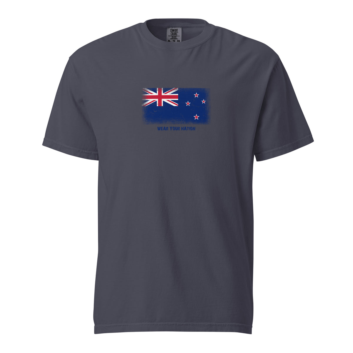 New Zealand flag t-shirt in Navy, vintage-washed print, large flag on the chest, unisex cut, front view