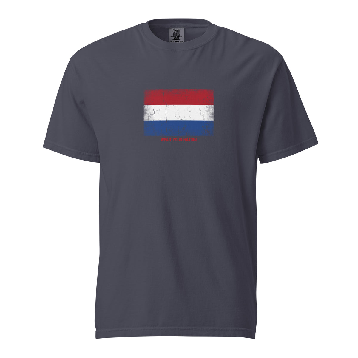 Netherlands flag t-shirt in Navy, vintage-washed print, large flag on the chest, unisex cut, front view