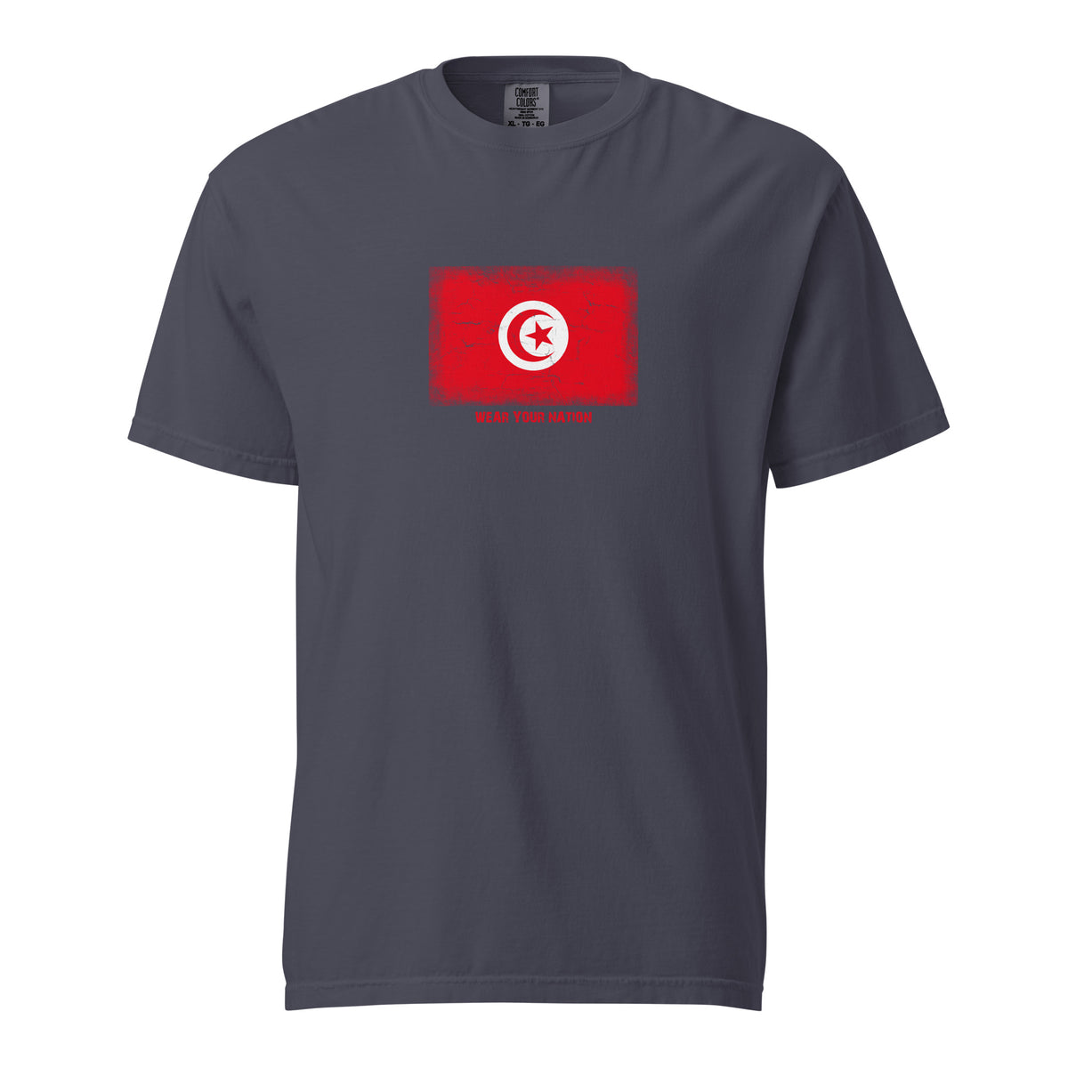 Tunisia flag t-shirt in Navy, vintage-washed print, large flag on the chest, unisex cut, front view