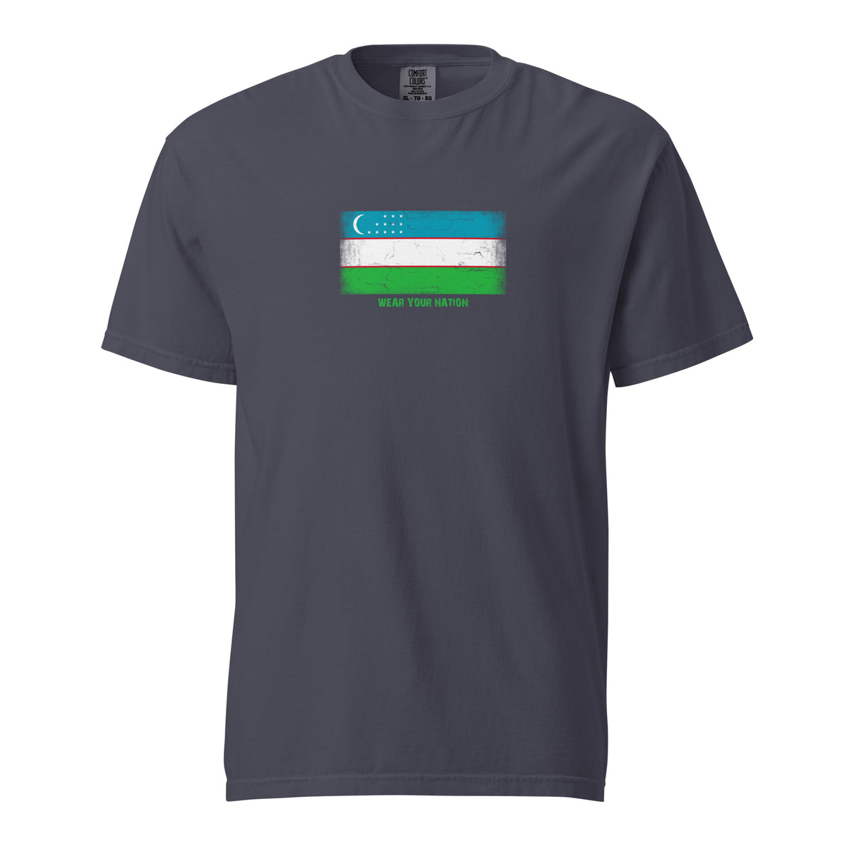 Uzbekistan flag t-shirt in Navy, vintage-washed print, large flag on the chest, unisex cut, front view