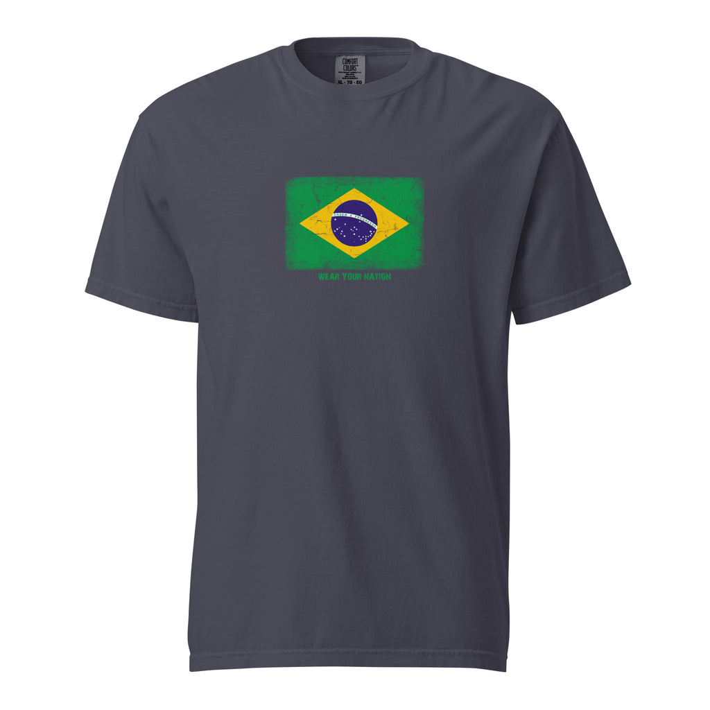 Brasil flag t-shirt in Navy, vintage-washed print, large flag on the chest, unisex cut, front view