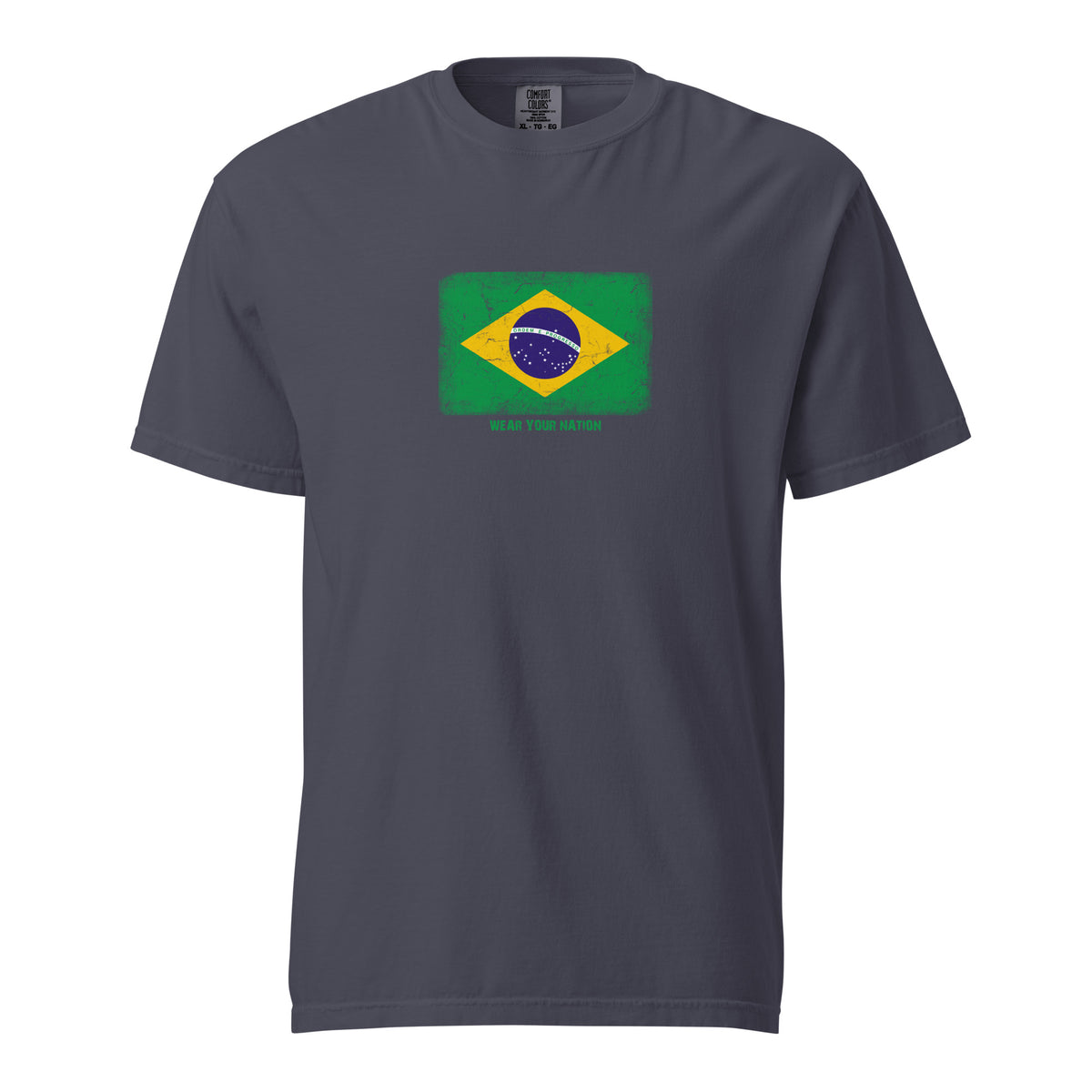 Brasil flag t-shirt in Navy, vintage-washed print, large flag on the chest, unisex cut, front view