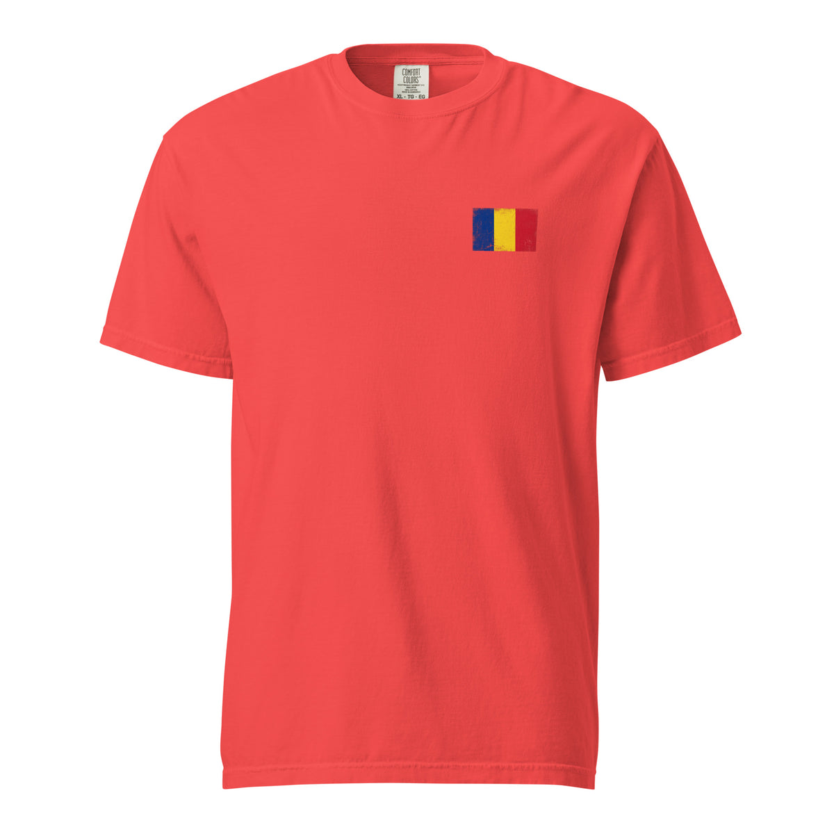 Romania flag t-shirt in Paprika, vintage-washed print, small flag on the left chest, unisex cut, front view