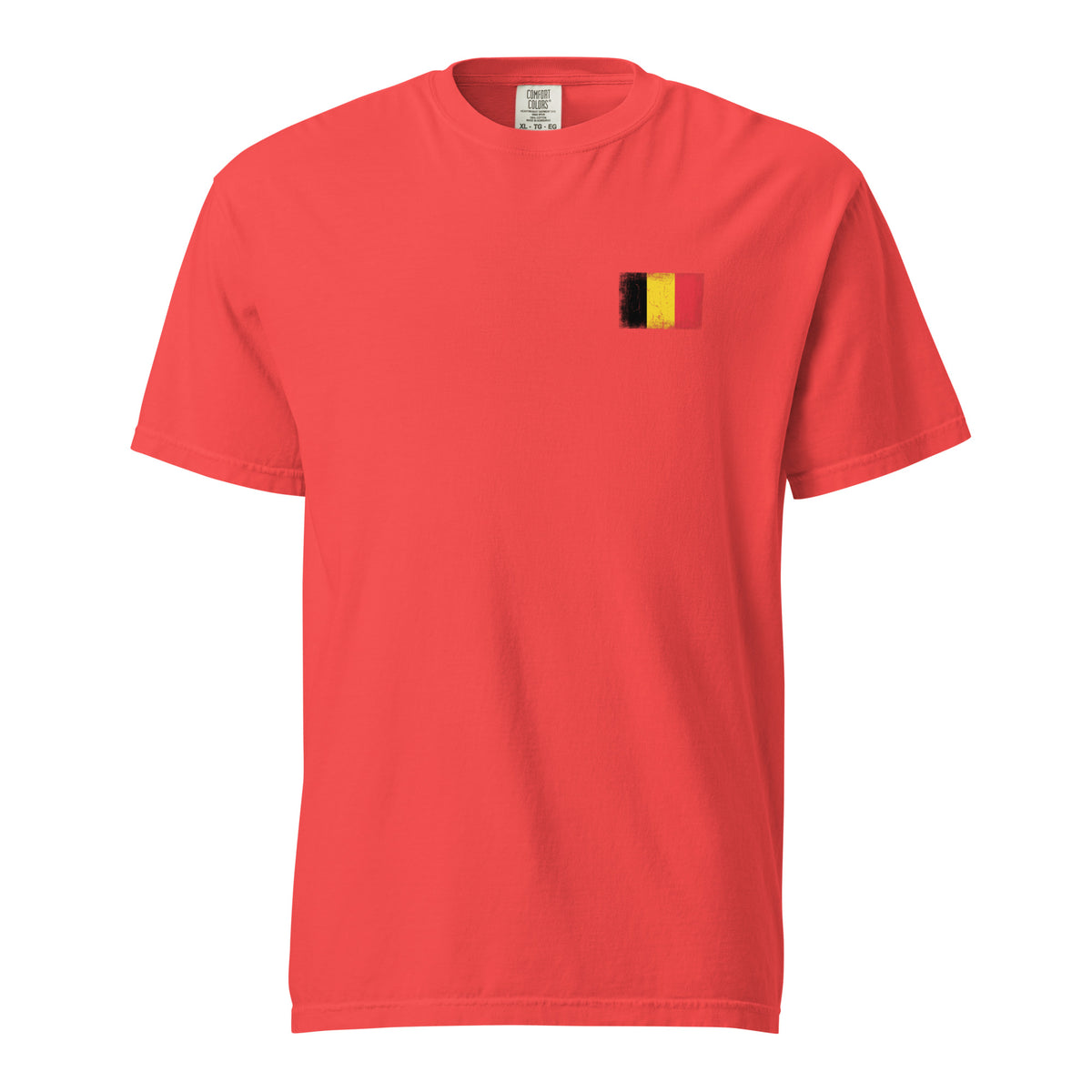 Belgium flag t-shirt in Paprika, vintage-washed print, small flag on the left chest, unisex cut, front view