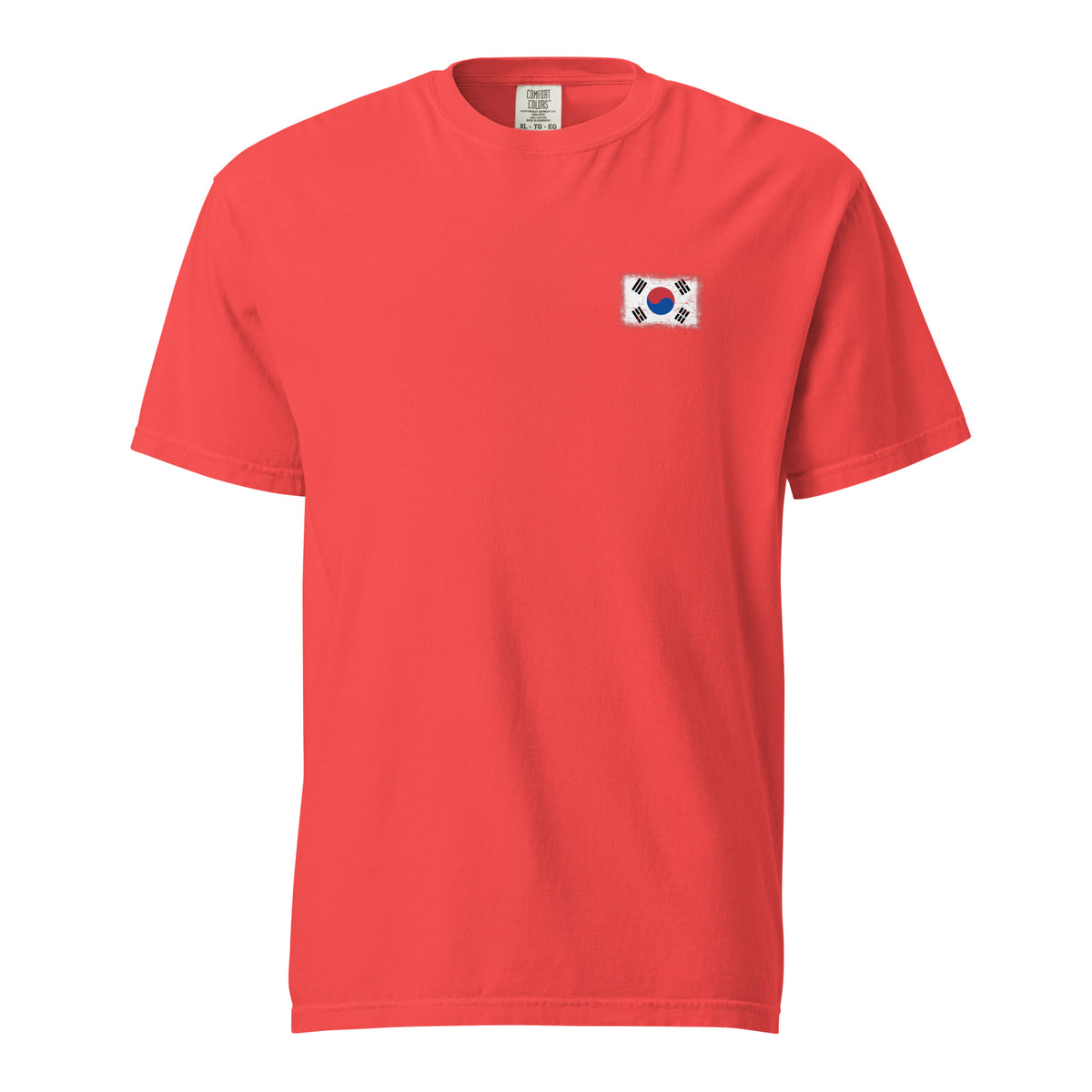 South Korea flag t-shirt in Paprika, vintage-washed print, small flag on the left chest, unisex cut, front view