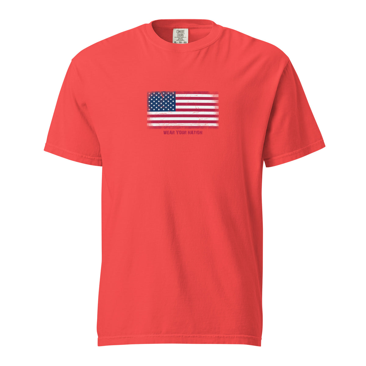 USA flag t-shirt in Paprika, vintage-washed print, large flag on the chest, unisex cut, front view