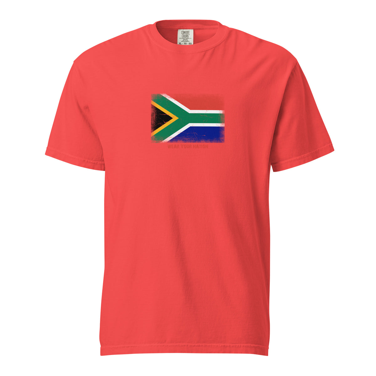 South Africa flag t-shirt in Paprika, vintage-washed print, large flag on the chest, unisex cut, front view