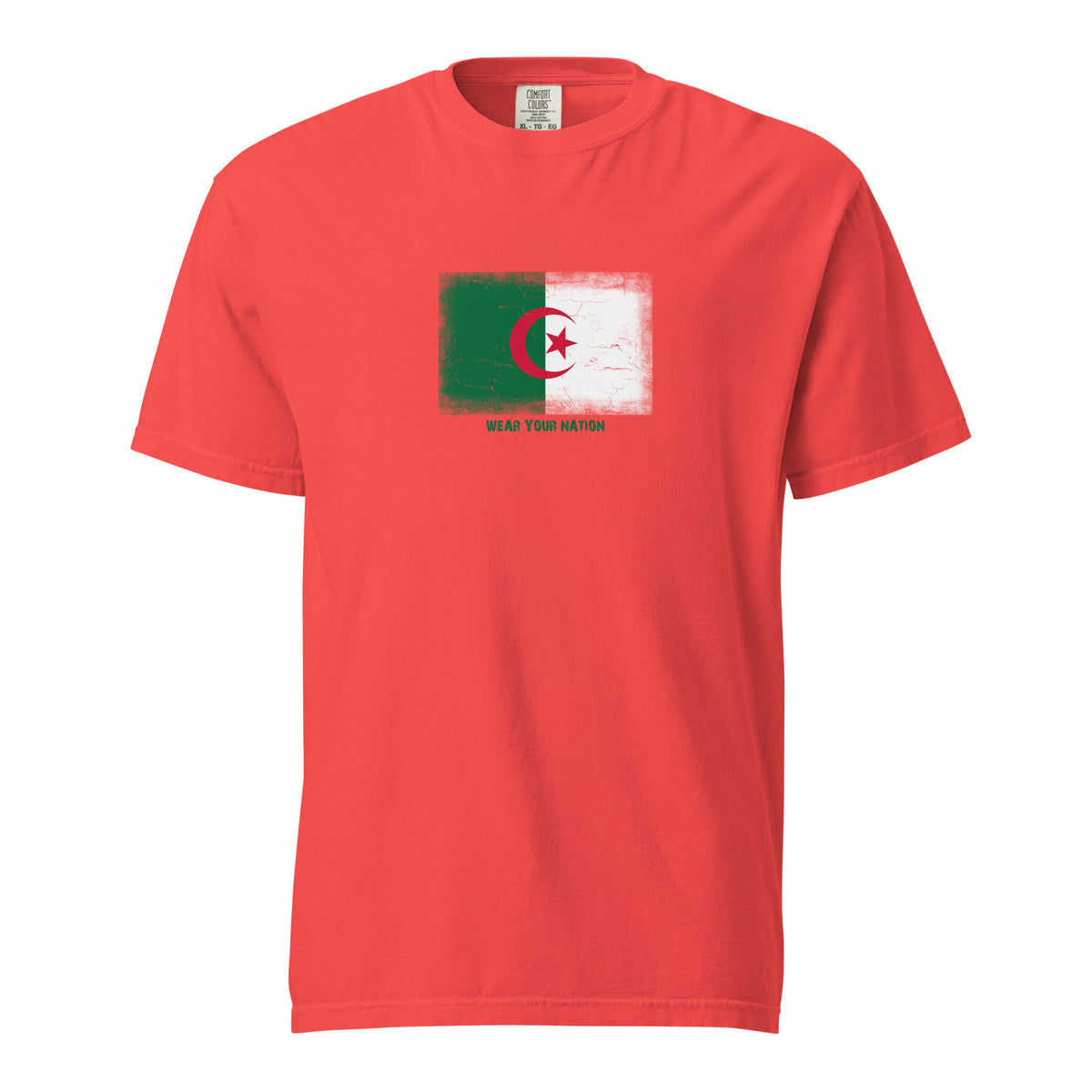 Algeria flag t-shirt in Paprika, vintage-washed print, large flag on the chest, unisex cut, front view
