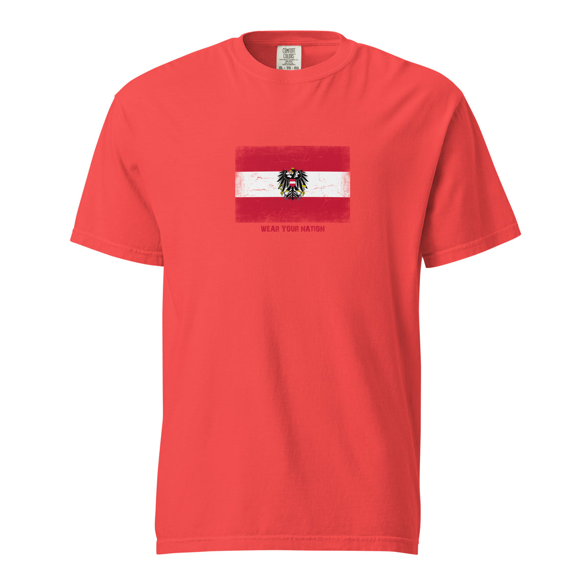 Austria flag t-shirt in Paprika, vintage-washed print, large flag on the chest, unisex cut, front view