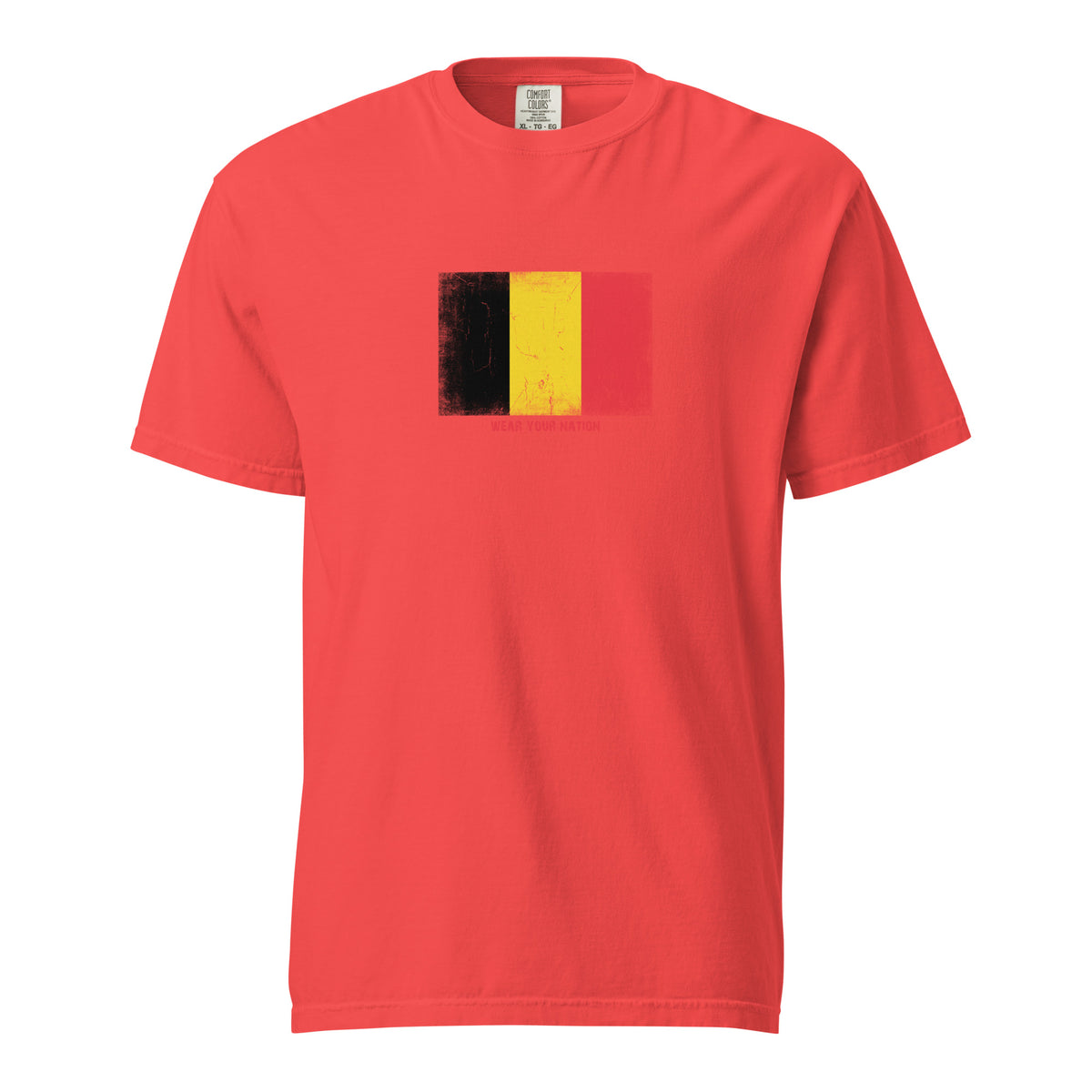 Belgium flag t-shirt in Paprika, vintage-washed print, large flag on the chest, unisex cut, front view
