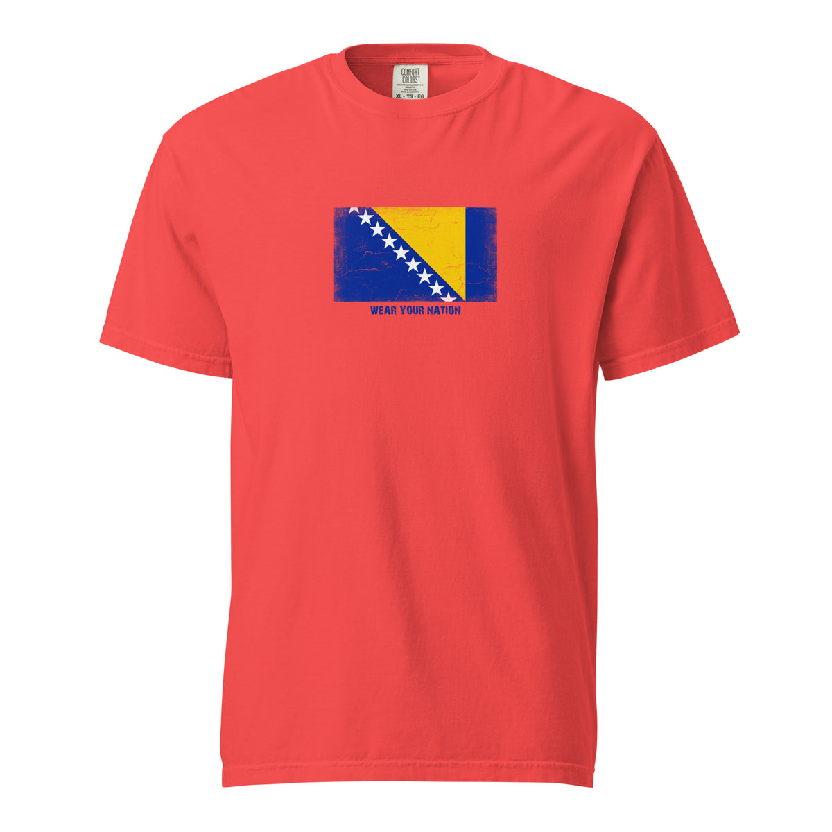 Bosnia and Herzegovina flag t-shirt in Paprika, vintage-washed print, large flag on the chest, unisex cut, front view