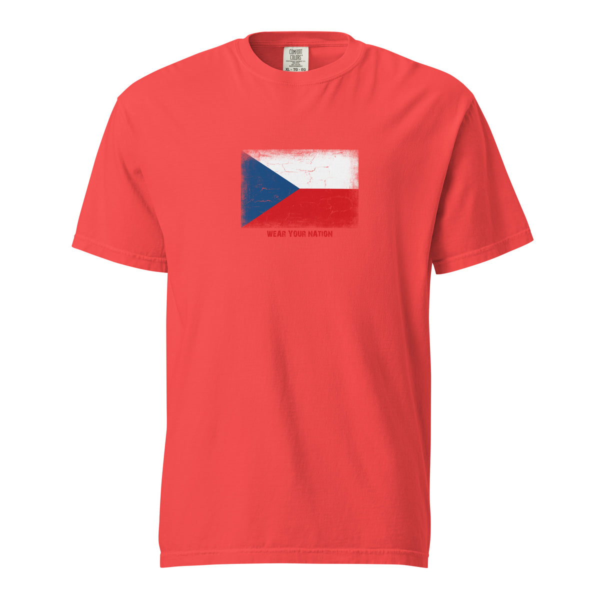 Czechia flag t-shirt in Paprika, vintage-washed print, large flag on the chest, unisex cut, front view