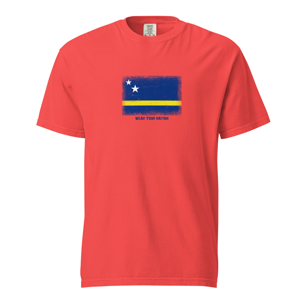 Curaçao flag t-shirt in Paprika, vintage-washed print, large flag on the chest, unisex cut, front view