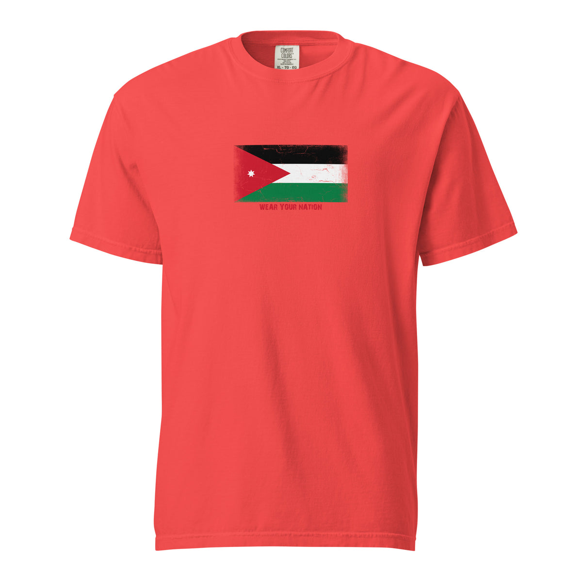 Jordan flag t-shirt in Paprika, vintage-washed print, large flag on the chest, unisex cut, front view