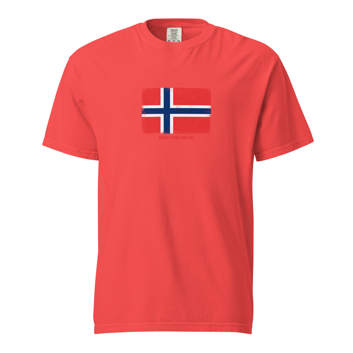 Norway flag t-shirt in Paprika, vintage-washed print, large flag on the chest, unisex cut, front view