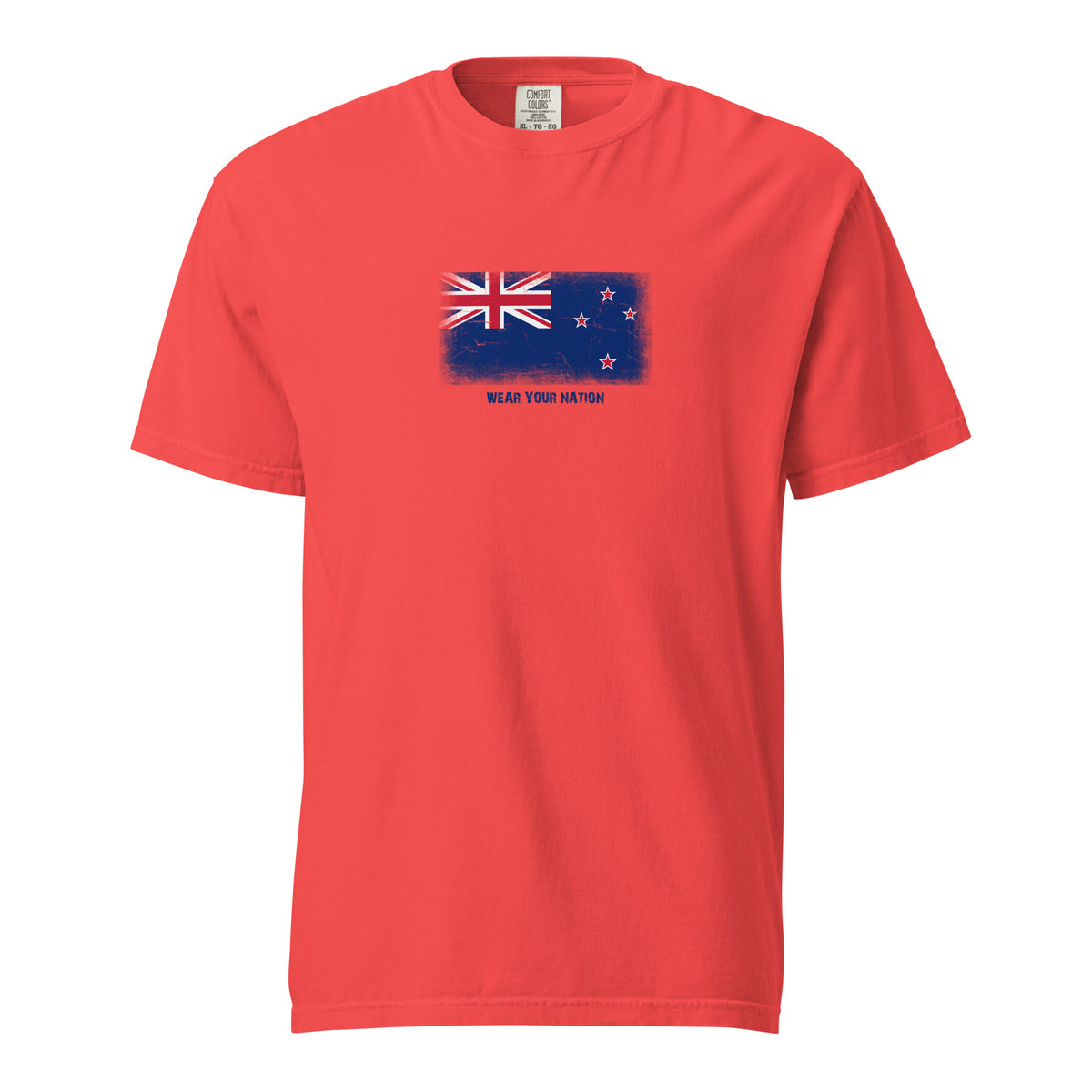 New Zealand flag t-shirt in Paprika, vintage-washed print, large flag on the chest, unisex cut, front view